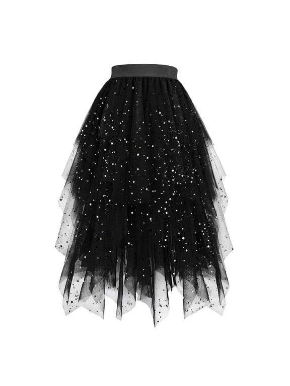 Women Plus Size Long Maxi Skirts Ladies' Star Spring/Summer High Waist Puff Skirt Cake Half Length Skirt Mesh Yarn Skirt Black Xl