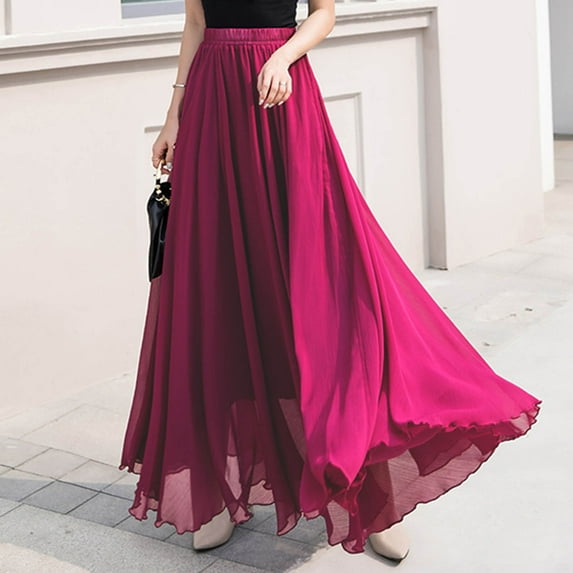 YUTK Women Plus Size Long Maxi Skirts Under $10 Womens Fashion Solid Color High Waist Elastic Waist Mmulti-Storey Beach Skirt Red L