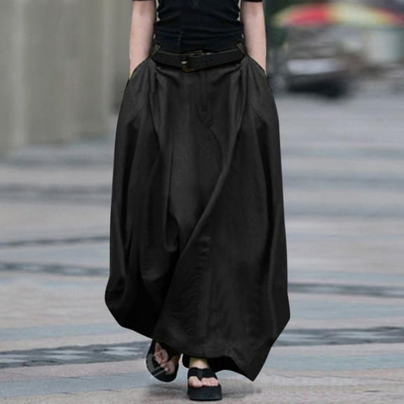 YUTK Women’S A-Line Midi Skirts Casual Elastic High Waist Flowy Swing Pleated Beach Boho Long Skirt with Pocket Black S-5Xl