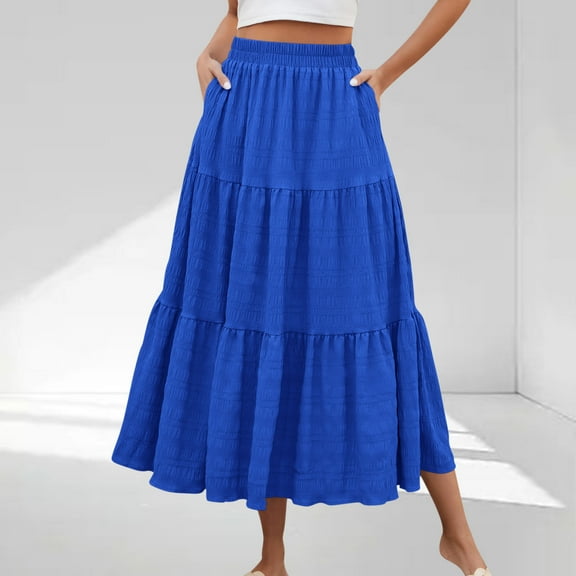 YUTK Women Summer Solid Color Casual Long Skirt with High Waist and Flowing Long Skirt with Pockets and Half Skirt Blue S-Xxl