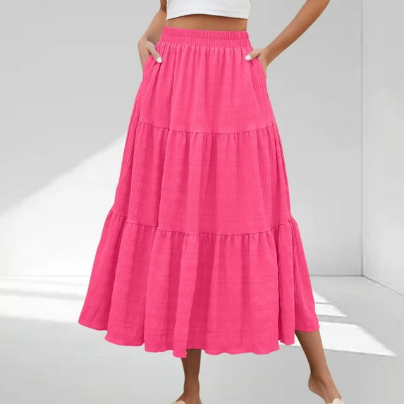 YUTK Women Summer Solid Color Casual Long Skirt with High Waist and Flowing Long Skirt with Pockets and Half Skirt Hot Pink S-Xxl