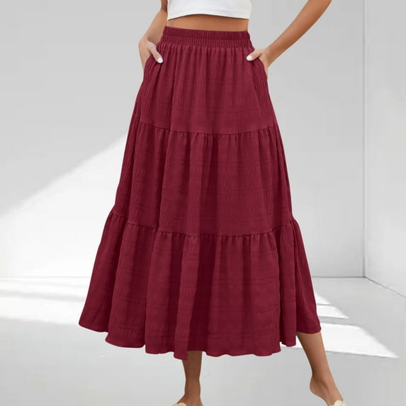 YUTK Women Summer Solid Color Casual Long Skirt with High Waist and Flowing Long Skirt with Pockets and Half Skirt Wine S-Xxl