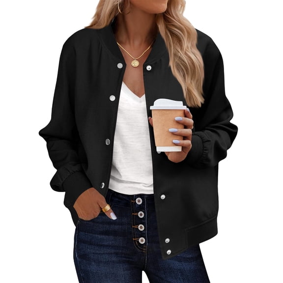 YUTK Women's Bomber Jackets Winter Trendy Jackets Shackets Button Down Cropped Coats with Pockets Black S