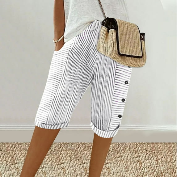 YUTK Women's Cropped Linen Pants Sale Women's Summer Woven Striped Patchwork Button Loose Cotton Linen Casual Capris White S