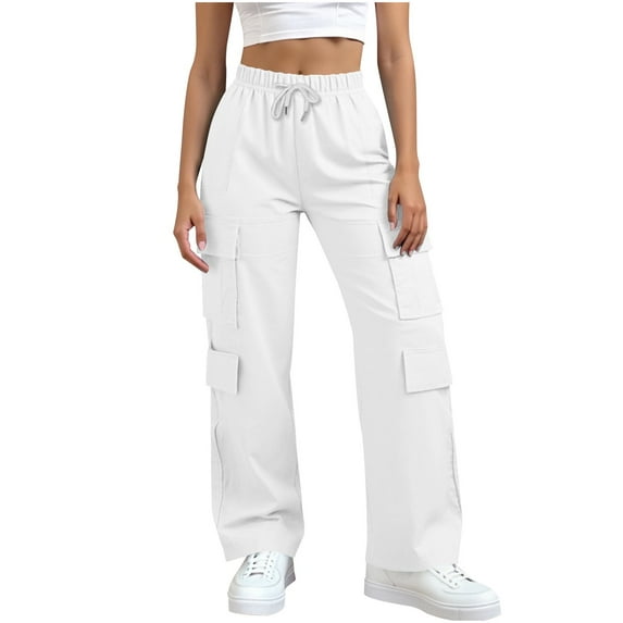 YUTK Women's Elastic Waist Winter Casual Pants with Pockets Fashion Thermal Corduroy Trousers Solid Colour Straight Pant White L