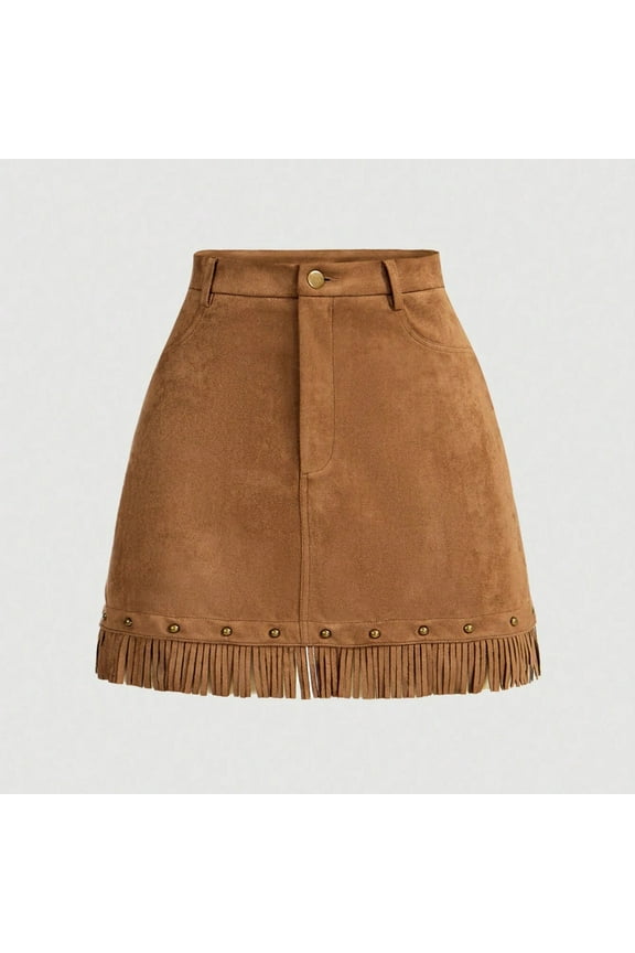 Women's Faux Suede Fringe Skirt High Waisted Tassel Western Mini Skirts Brown Xs-Xl