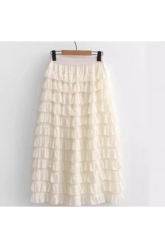 Women's Long Maxi Tulle Skirts A Line Ruffle High Waisted Tiered Layered Mesh Tutu Skirt Petticoat Beige Free Size