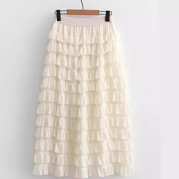 YUTK Women's Long Maxi Tulle Skirts A Line Ruffle High Waisted Tiered Layered Mesh Tutu Skirt Petticoat Beige Free Size