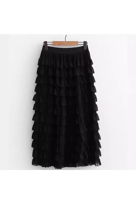 Women's Long Maxi Tulle Skirts A Line Ruffle High Waisted Tiered Layered Mesh Tutu Skirt Petticoat Black Free Size