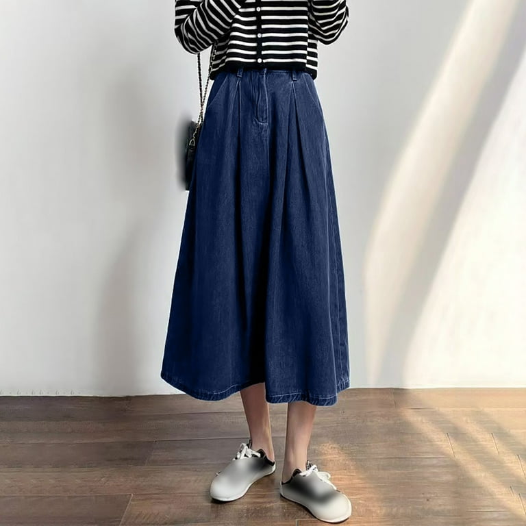 YUTK Women's Retro Button Elastic Waist Denim Skirt A-Line Pleated