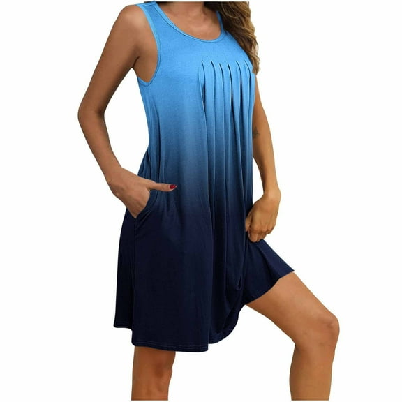 YUTK Women's Short Sleeve Sleepshirt Women Print with Pockets Sleep Shirts Sleeveless Sleepwear Pleated Front Nightshirt Round Neck Nightdress Blue M