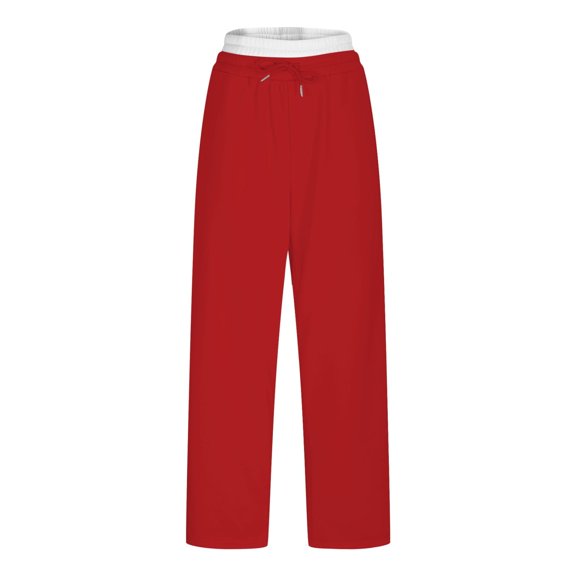 YUTK Women's Solid Color High Waisted Pants - Double Layer Design with Drawstring Elastic Waist & Dual Pockets, Casual Long Trousers for Daily Wear & Comfortable Outings Red L