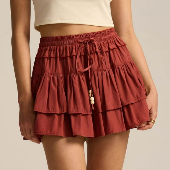 YUTK Women's Summer Flowy Mini Skorts High Waist Ruffle Tiered Casual Cute Boho Short Beach Skirts Built-in Shorts Red S-Xl