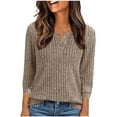 thumbnail image 1 of YUTK Womens 3/4 Sleeve Tops - Women's Winter Casual Solid Color Round Neck Button Knitted Striped Brushed Loose Sweater Three-Quarter Sleeve Top Khaki M, 1 of 6