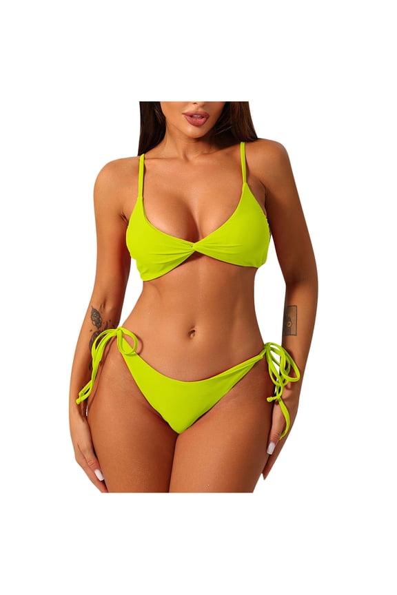 Womens Bathing Suits - Women Solid Color Sexy Backless Strap Bikini Swimsuit - Yellow Xl