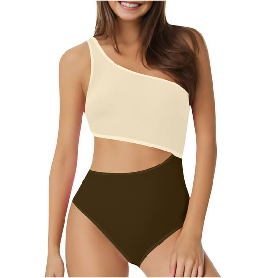 YUTK Womens Bathing Suits - Women's 2025 Spring Fashion Conservative Solid Color Skirt Style Split Joint Swimsuit Set Beige M
