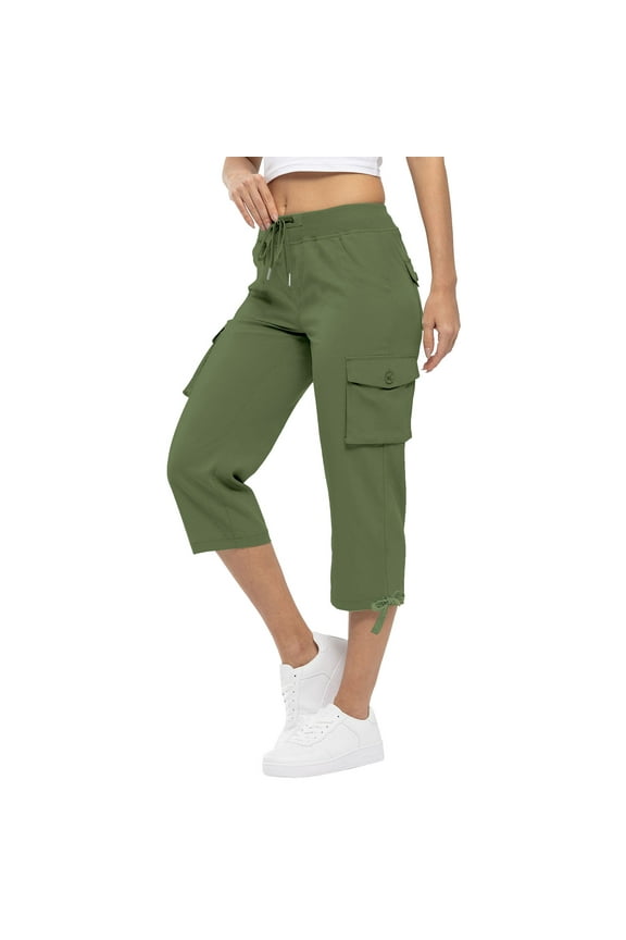 Womens Capris with Pockets Stretch Lightweight Casual Cargo Pants Rolled Hem Summer Cropped Trousers Outdoor Clothes Army Green S-3Xl