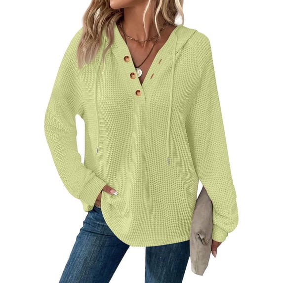 YUTK Womens Hoodies Trendy Waffle Knit Button Oversized Sweatshirt Hooded Loose Fit Long Sleeve Fall Tops Pullover Green XL