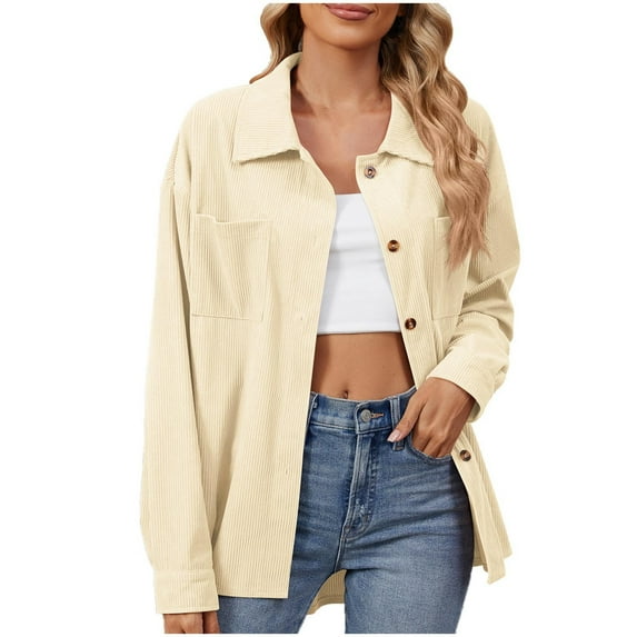 YUTK Womens Jackets Lightweight Plus Size,Women's Casual Lapel Loose Lantern Sleeve Corduroy Shirt Long Sleeve Hoodless Casual Coat/Jacket(Beige,Xl)