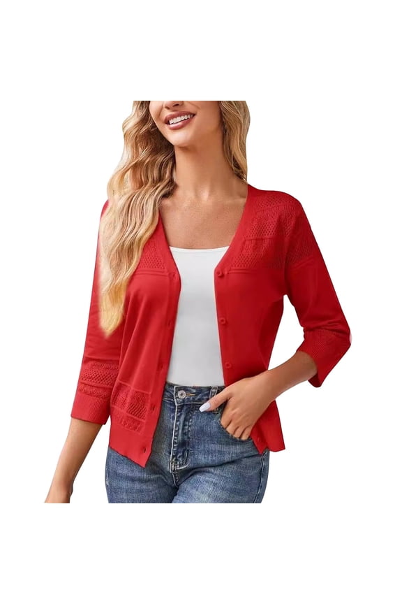 Womens Jackets Lightweight Plus Size,Women's Long Sleeved V-Neck Solid Color Knitted Cardigan Sweater Jacket(Red,S)