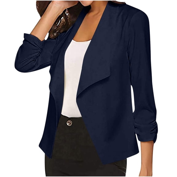 YUTK Womens Jackets Lightweight Trendy,Women's Solid Color Long Sleeved Buttonless Suit Jacket(Navy,4Xl)