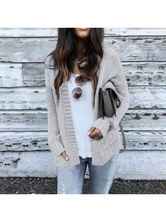 Womens Jackets Plus Size,Women's Solid Color Knitted Pocket Cardigan Sweater Loose Knit Cardigan Jacket(Gray,3Xl)