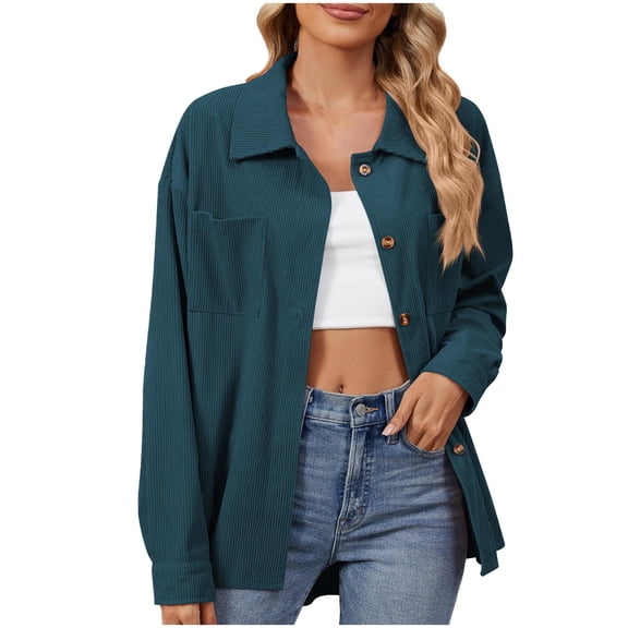 YUTK Womens Jackets Tweed,Women's Casual Lapel Loose Lantern Sleeve Corduroy Shirt Long Sleeve Hoodless Casual Coat/Jacket(Blue,Xxl)