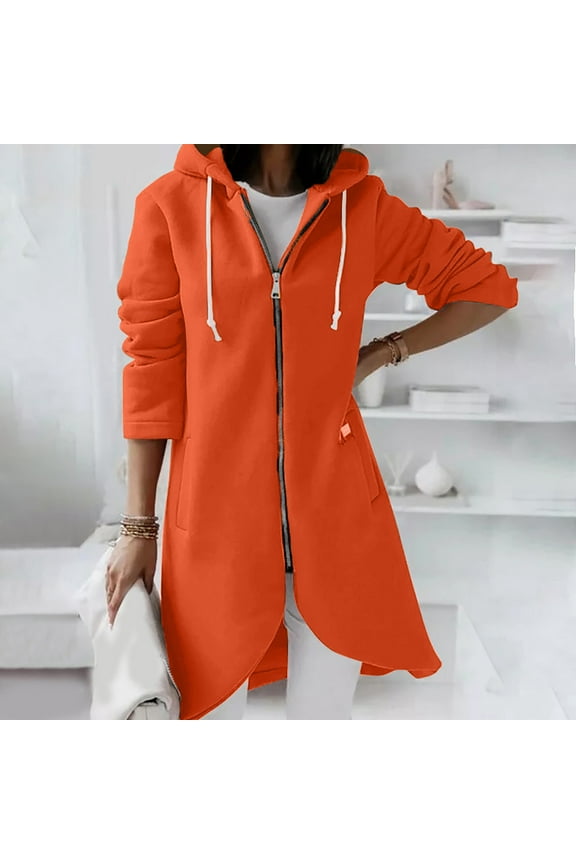 Womens Jackets and Cardigans Women's Solid Color Zipper Long Sleeved Irregular Hem Hooded Sweatshirt Jacket with Pockets Sale Orange M
