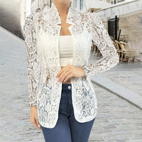 YUTK Womens Jackets with Hoodie,Womens Versatile Small Suit Solid Color Lace Hollow Out Shirt Long Sleeved Casual Jacket(White,Xl)