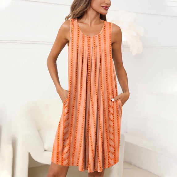 YUTK Womens Nightgown Short Sleeve Sleepshirt Sale Women Print with Pockets Sleep Shirts Sleeveless Sleepwear Pleated Front Nightshirt Round Neck Nightdress Orange S