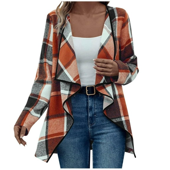 YUTK Womens Plaid Shacket Jacket Fall Fashion 2025 Long Sleeve Button Up Flannel Shirt Winter Clothing Woolen Coats Orange M