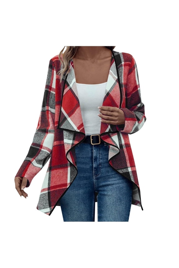 Womens Plaid Shawl Collar Cardigan Sweaters Long Open Front Flannel Jacket Buffalo Plaid Shacket Fashion Fall Outfits Red S