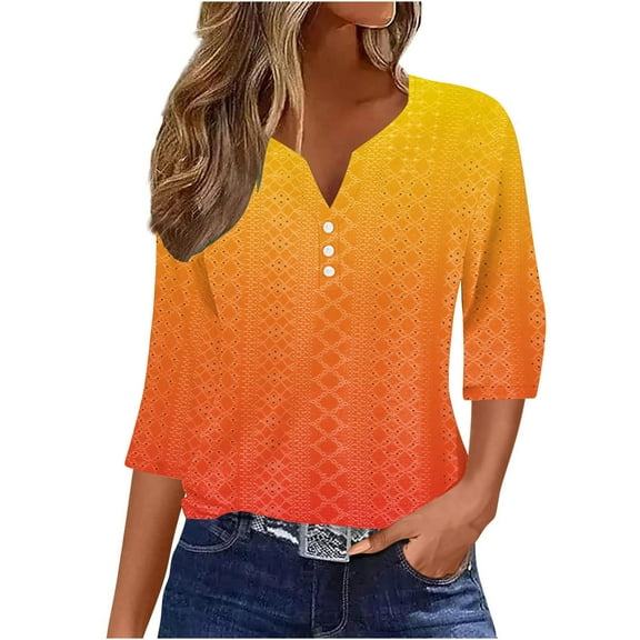 YUTK Womens Plus Size Tops Sale Ladies' Loose Casual Gradient V-Neck 3/4 Sleeve Quarter Sleeve Top Orange Xxl