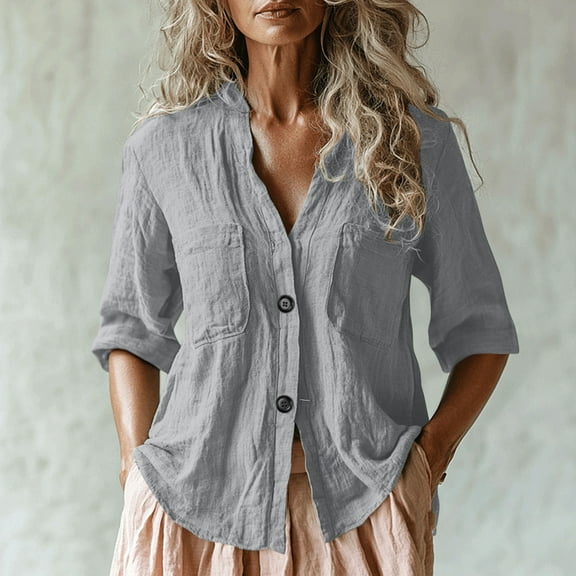 YUTK Womens Shirts Dressy Casual Sale Women's V-Neck 3/4 Sleeve Loose Button Imitation Cotton and Linen Tunic Summer Shirt Blouse Gray Xxl