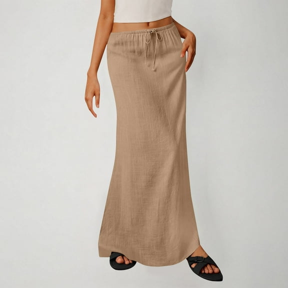 YUTK Womens Summer Dresses Plus Size Sale Ladies Fashion Women Solid Color Elastic Waist Drawstring Long Skirt Khaki Xl