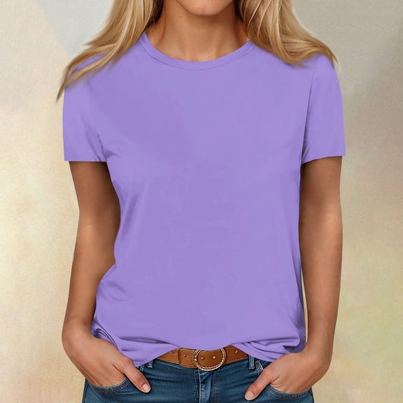 YUTK Womens Summer Tops Trendy 2025 Sale Women's Fashion Solid Short Sleeves Blouse Round Neck T-Shirt Casual Purple L