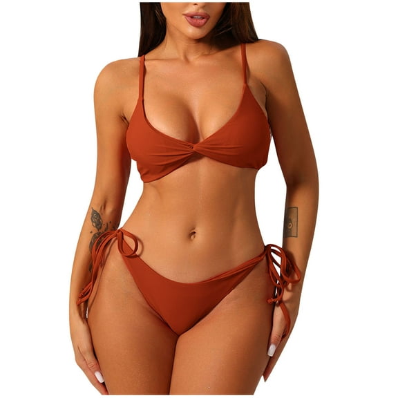 YUTK Womens Swimsuits - Women Solid Color Sexy Backless Strap Bikini Swimsuit - Orange L