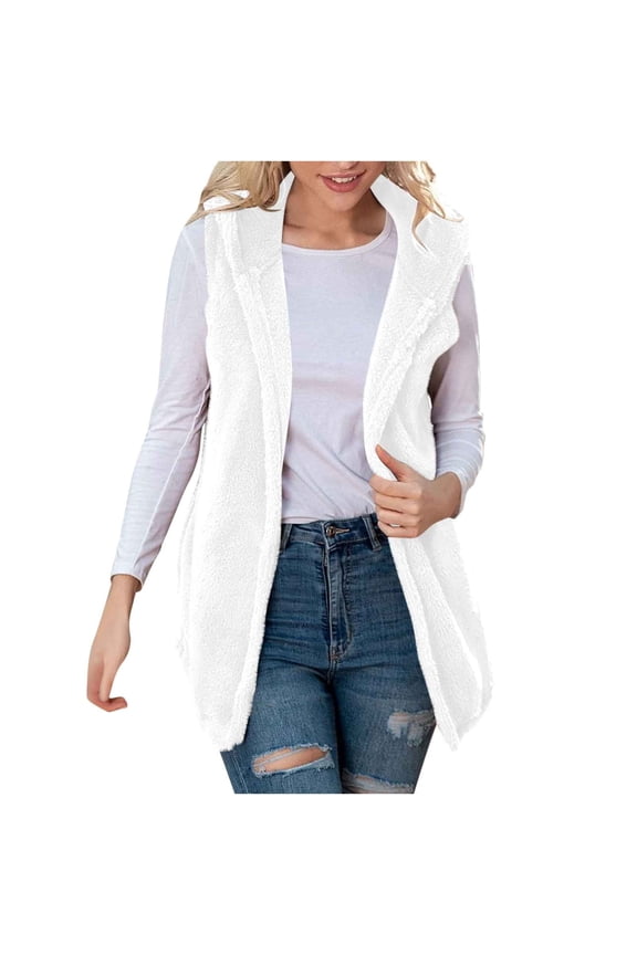 Womens Zip Up Sweatshirt - Women Solid Casual Tops Sleeveless Hooded Fleece Blanket Jacket with Pocket White M