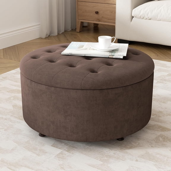 30 Inch Round Storage Ottoman,Modern Tufted Ottomans,Upholstered Large Ottoman with Storage with Removable Top Footrest Stool for Bedroom Living Room (Darkbrown)