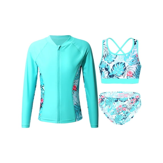 YUUMIN 3 Pcs Rash Guard Sets for Girls Upf 50+ Swim Tank Shirts Bikini Crop Top Brief Bathing Suit Swimwear Zipper Leaf 14