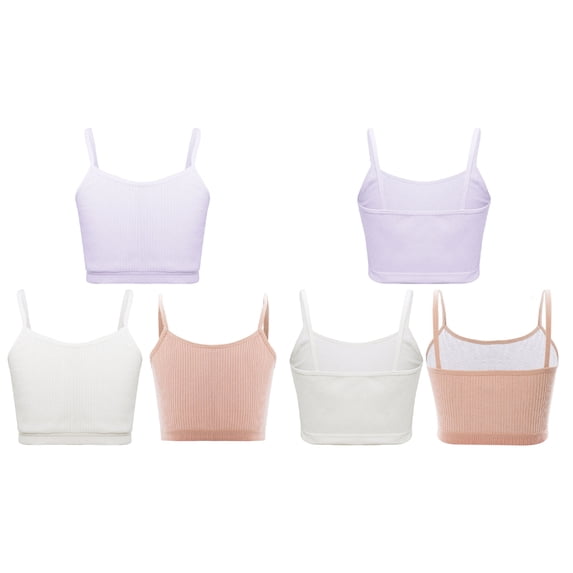 YUUMIN 3Pcs/Set Kids Girls Ribbed Bra Vest Spaghetti Straps Crop Top Solid Color Camisole Underwear White&Orange&Light Purple M