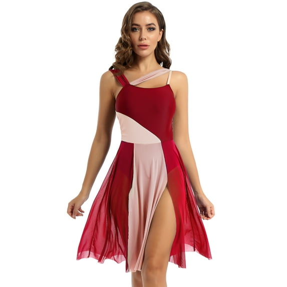 YUUMIN Adult Lyrical Dance Dress Spaghetti Straps Tank Leotard Split Maxi Skirts Burgundy L