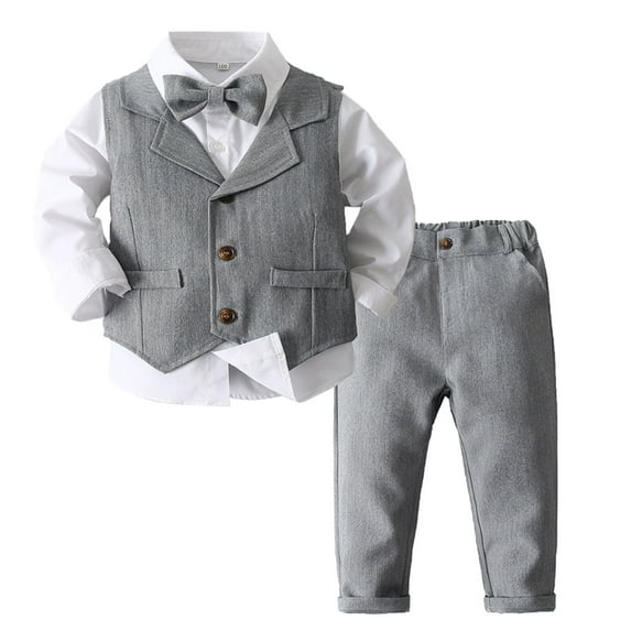 YUUMIN Baby Boys Gentleman Clothes Set Toddler Bow Tie Long Sleeve Dress Shirt Pant Vest Formal Suits Grey 90