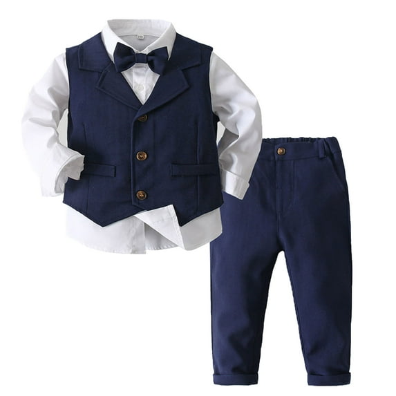 YUUMIN Baby Boys Gentleman Clothes Set Toddler Bow Tie Long Sleeve Dress Shirt Pant Vest Formal Suits Navy Blue 90