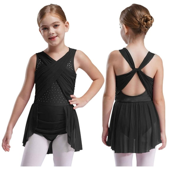 YUUMIN Ballet Dance Leotard Dress for Girls Latin Jazz Ballroom Dancing Outfit Ballerina Lyrical Wrap Skirt Black 16