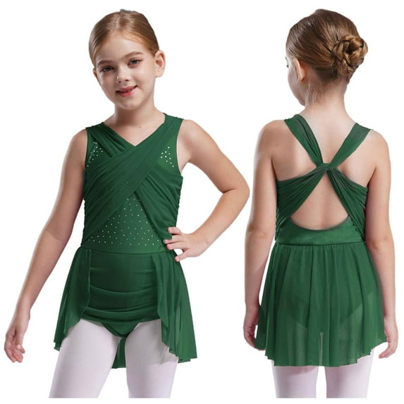 YUUMIN Ballet Dance Leotard Dress for Girls Latin Jazz Ballroom Dancing Outfit Ballerina Lyrical Wrap Skirt Green 8