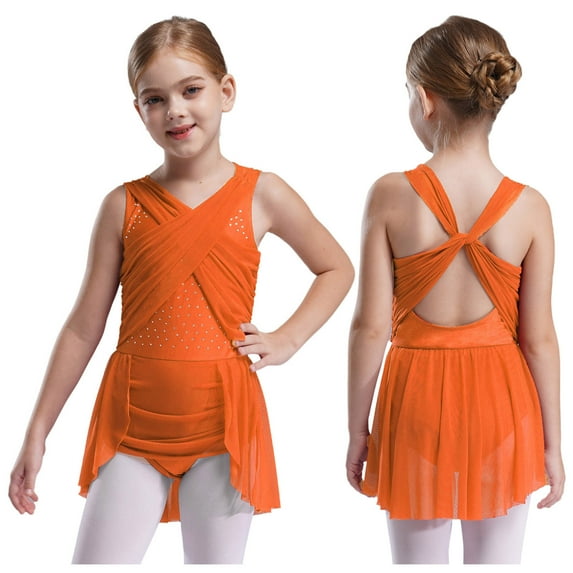 YUUMIN Ballet Dance Leotard Dress for Girls Latin Jazz Ballroom Dancing Outfit Ballerina Lyrical Wrap Skirt Orange 16