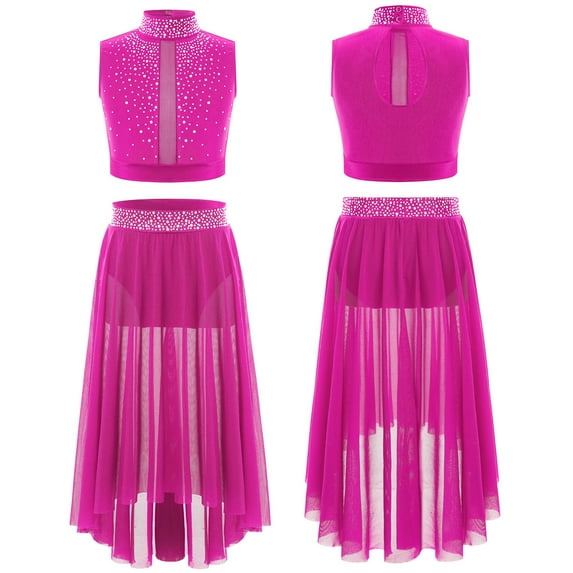 YUUMIN Big Girls Crop Top with High-Low Mesh Skirt Two-Piece Jazz Lyrical Dancewear Ballet Dance Outfits Hot Pink 6