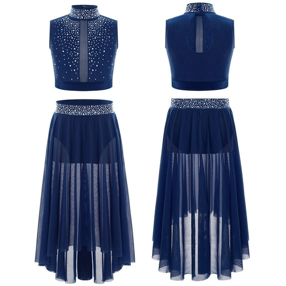 YUUMIN Big Girls Crop Top with High-Low Mesh Skirt Two-Piece Jazz Lyrical Dancewear Ballet Dance Outfits Navy Blue 12