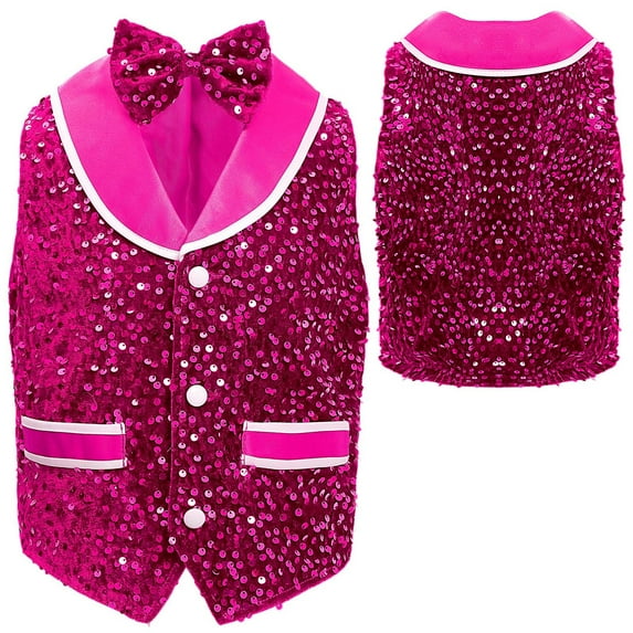 YUUMIN Boys Girls Sequin Velvet Button Down Waistcoat Jacket with Bowtie Hip Hop Jazz Dance Performance Vest Hot Pink 10